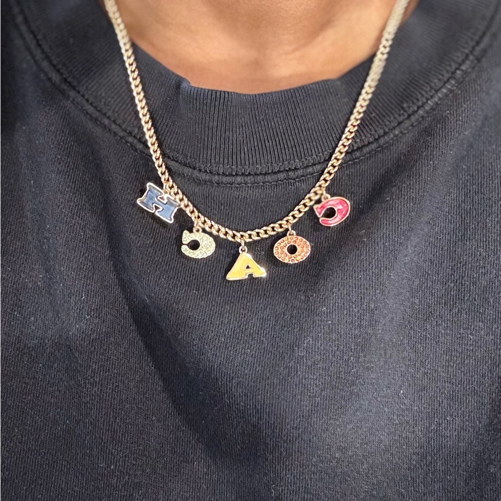 Coach Pave Multicolor Logo Gold Charm Necklace